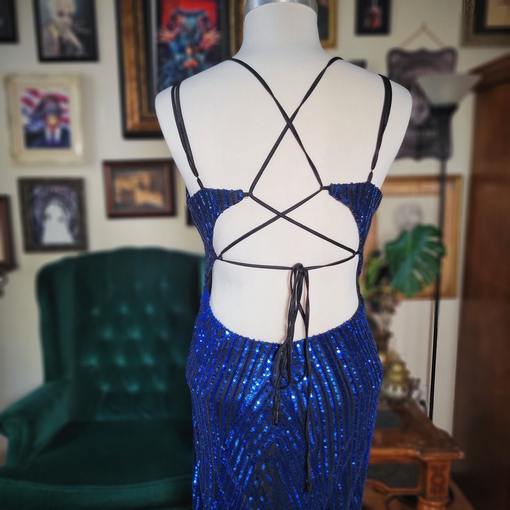 Windsor Royal Blue Sequin Gown Strappy Open Back Prom Evening Glam Maxi Dress - Picture 5 of 8